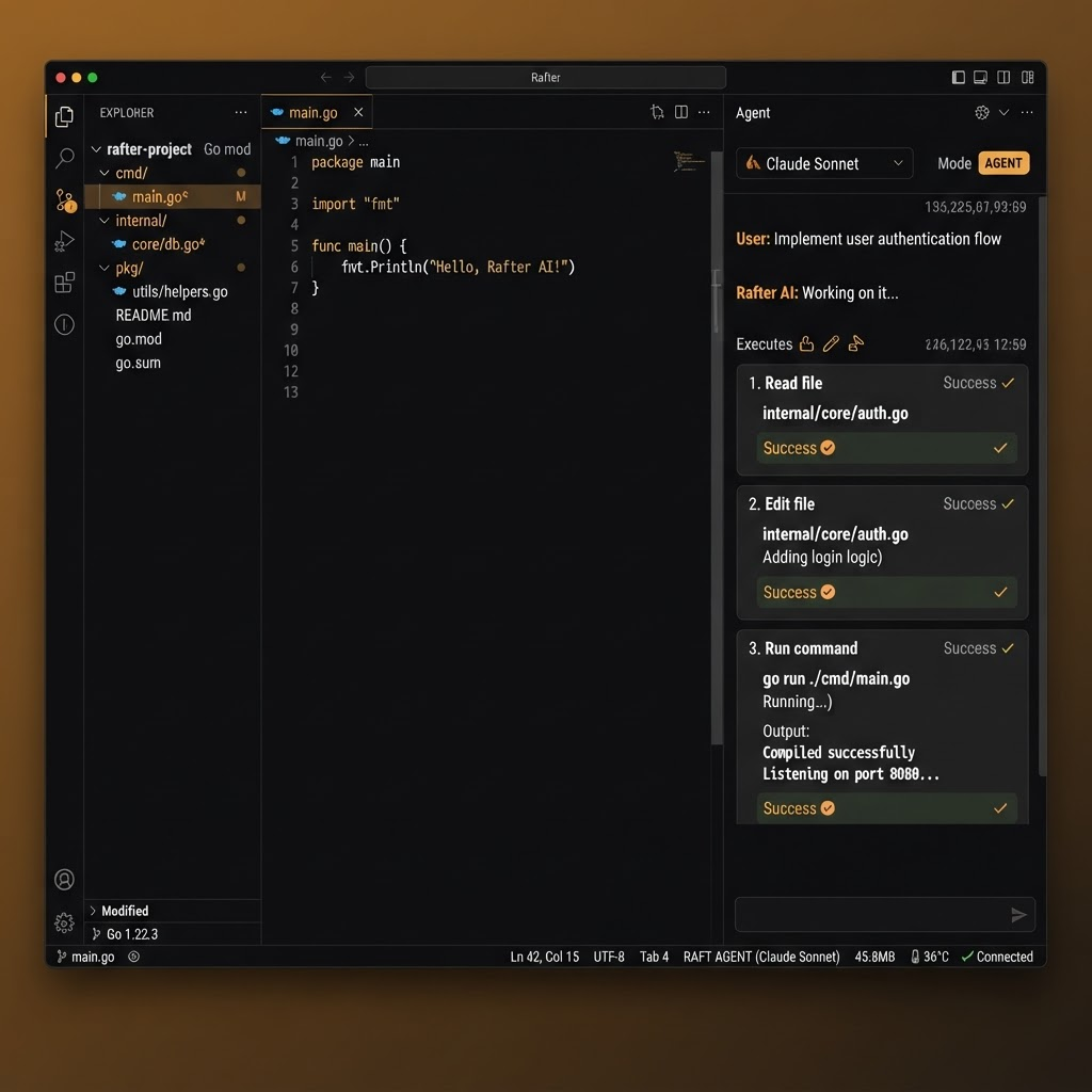 A cropped view of the Rafter editor with an active agent panel.